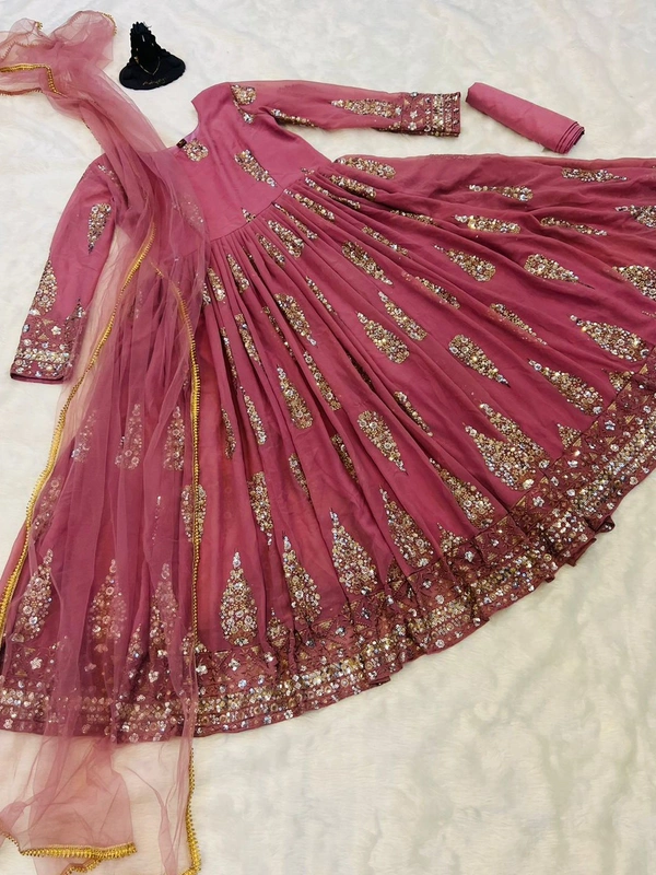 👗*GOWN*👗*#GOWN FABRICS* : FOX GORGETTE WITH 3-5 MM DUBAL SIQUNCE EMBROIDERY WORK FULL STITCHED - Pink, L