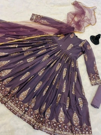 👗*GOWN*👗*#GOWN FABRICS* : FOX GORGETTE WITH 3-5 MM DUBAL SIQUNCE EMBROIDERY WORK FULL STITCHED - Pink, L