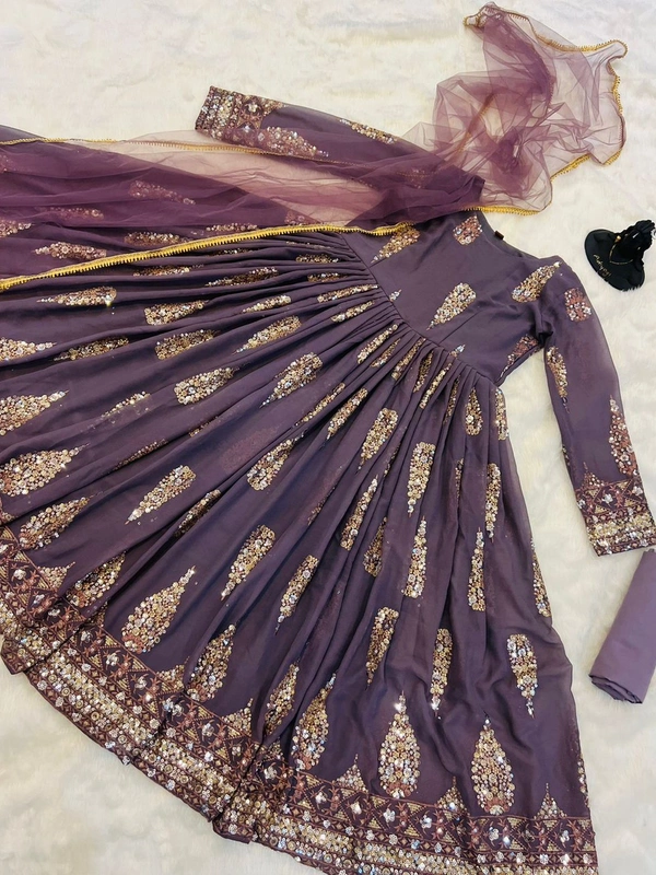 👗*GOWN*👗*#GOWN FABRICS* : FOX GORGETTE WITH 3-5 MM DUBAL SIQUNCE EMBROIDERY WORK FULL STITCHED - Pink, L
