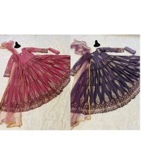 👗*GOWN*👗*#GOWN FABRICS* : FOX GORGETTE WITH 3-5 MM DUBAL SIQUNCE EMBROIDERY WORK FULL STITCHED - Blue, L