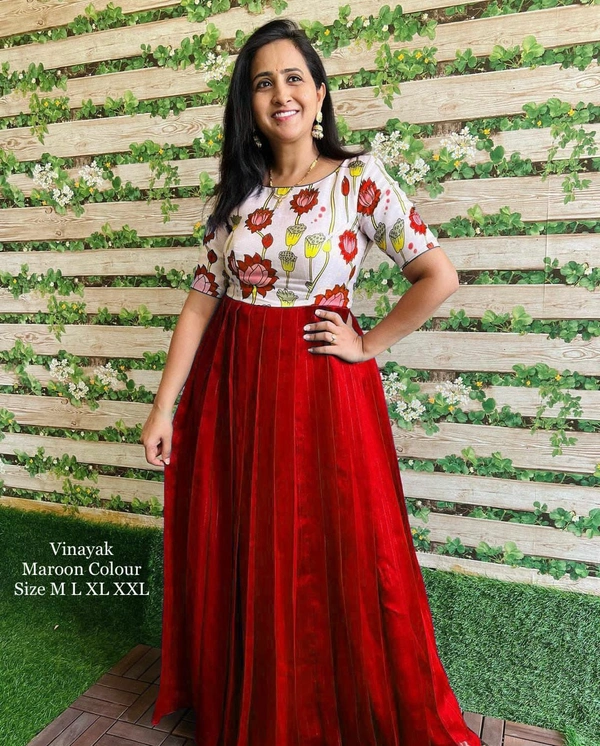 Beautiful Kalamkari Gown(am) - Red, XL