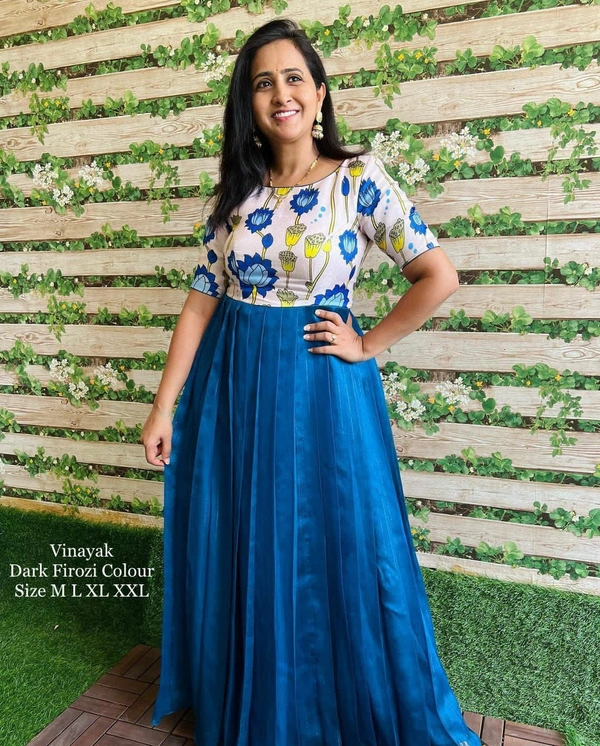 Beautiful Kalamkari Gown(am) - Blue, L