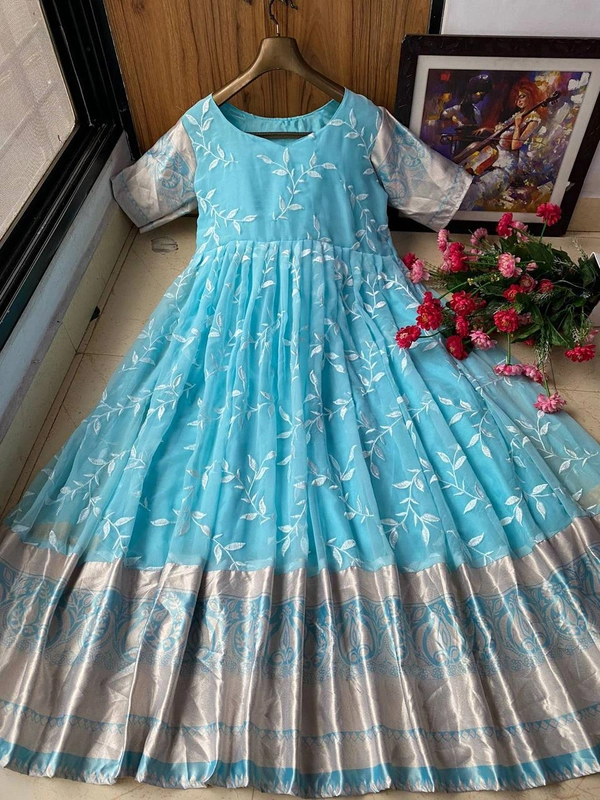 LC 809♥️ PRESENTING NEW DESIGNER  EMBROIDERED ANARKALI GOWN ♥️(am) - Sky Blue