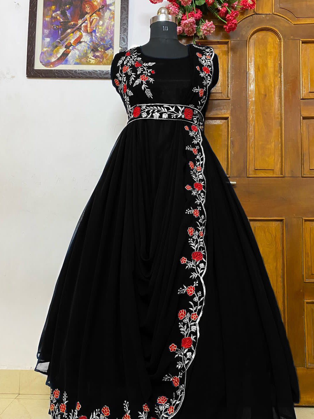 Designer Georgette Crochet Embroidery Work Rayon Black Gown with Shrug |  Exotic India Art