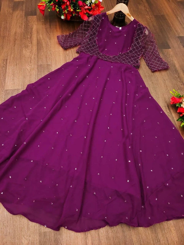 *new Georgette Gown With removable Embroidery Work Overcoat..* - Purple, M(38)