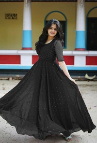 *new Georgette Gown With removable Embroidery Work Overcoat..* - Purple, M(38)