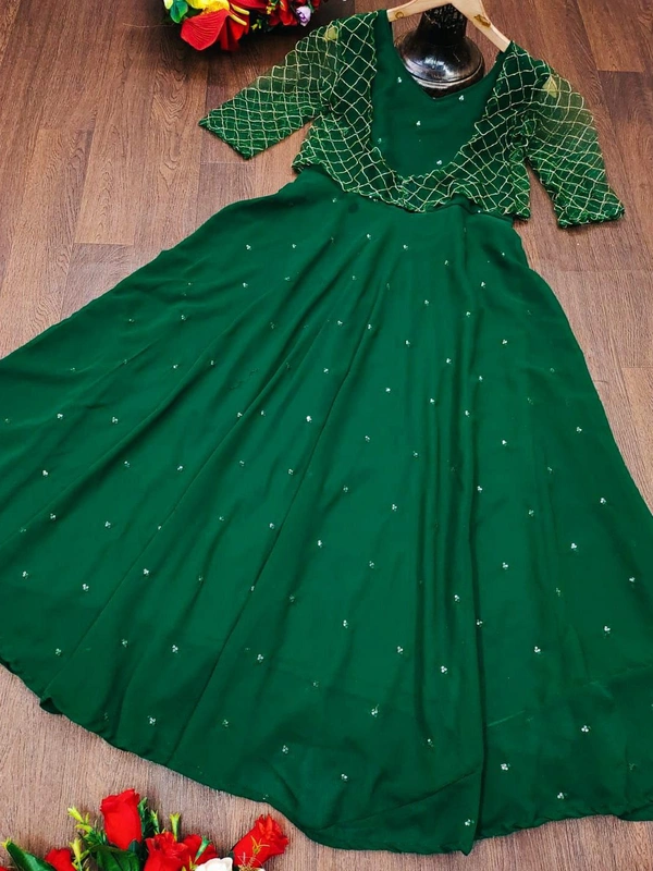 *new Georgette Gown With removable Embroidery Work Overcoat..* - Dark Fern, M(38)