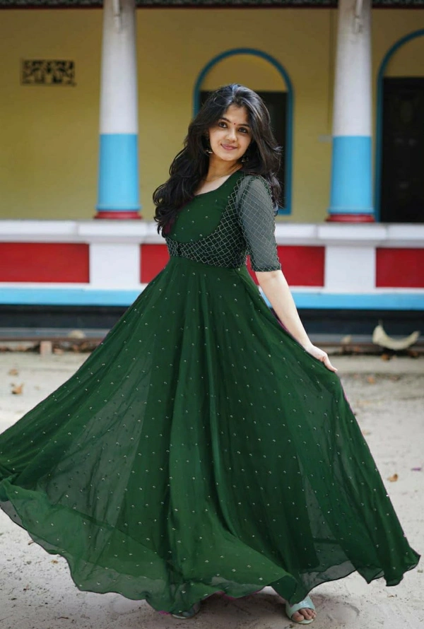 *new Georgette Gown With removable Embroidery Work Overcoat..* - Dark Fern, L(40)