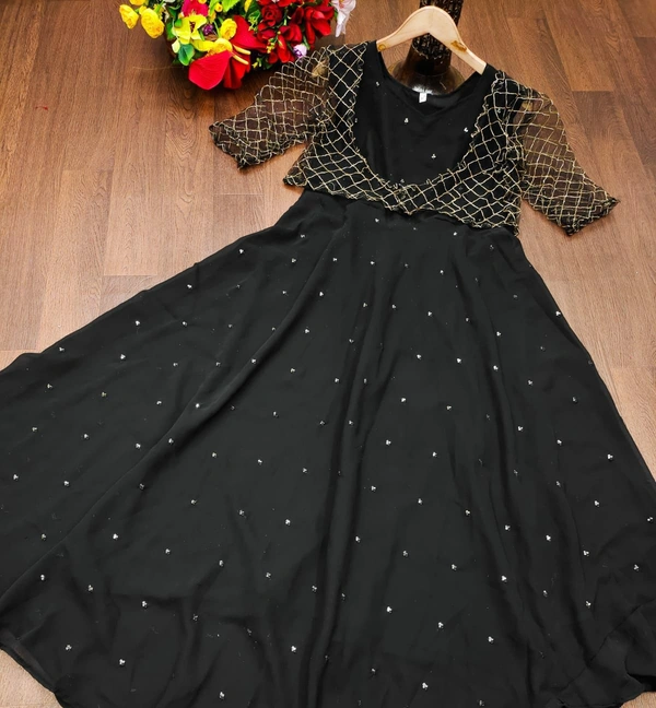 *new Georgette Gown With removable Embroidery Work Overcoat..* - Black, XL(42)