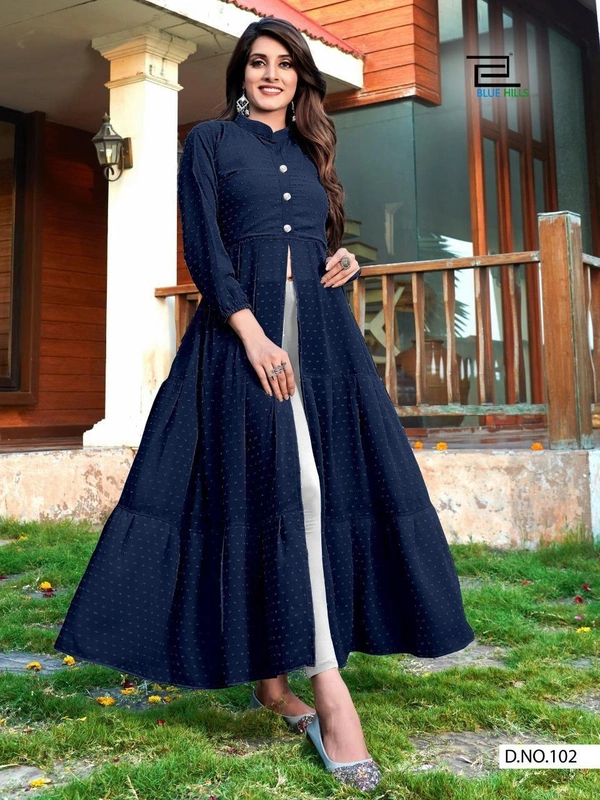 *🧚🏻‍♂️Party wear long flair gown with center slit and frills🧚🏻‍♂️*(am) - Navy Blue