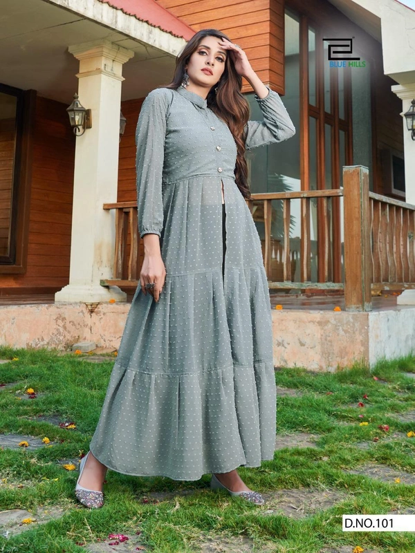 *🧚🏻‍♂️Party wear long flair gown with center slit and frills🧚🏻‍♂️*(am) - Gray