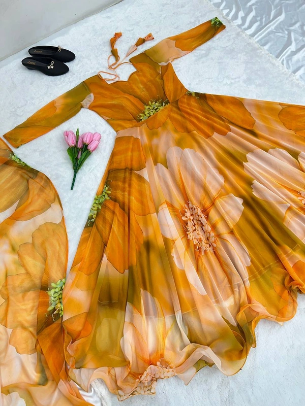 👉👗💥*Launching New Designer Party Wear Look Gown, and Dupatta in Fully 6.5 Meter Fully Arka Flair With Attached Pad*💥👗👌(am) - Yellow