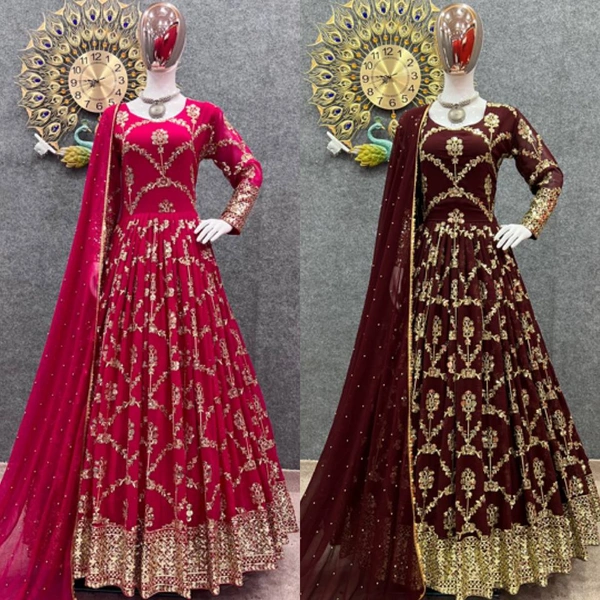 *New Colours*👉👗💥*Launching New Designer Party Wear Look Heavy Embroidery Sequence Work Gown *💥👗💃🛍👌(am) - Maroon