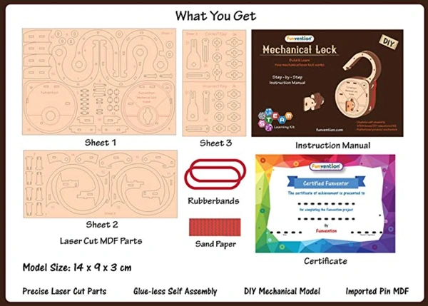 Funvention |DIY Mechanical Lock with Key - Build Working Lock Yourself - STEM Learning Utility Kit - Brown, 60+, Yes, No, Engineered Wood, 27 x 19 x 4 cm, Funvention, 250 grams, Shipping Charges will be added during checkout. Order will be shipped within 2-4 working days. Delivery time may vary due to COVID-19 , rainy season and delivery location. TrackingID will be provided to check the real time status of delivery. For any further queries related to order, Kindly send what's app to PieceofPassion Custo