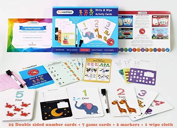 Funvention | Educational Game 123 Numbers Write and Wipe Activity Writing & Counting Practice Cards Learning Games, Pen Control for Children 3-6 Years - Multi, Yes, No, Plastic Sheets, 27 x 19 x 4 cm, Funvention, 300 grams, Shipping Charges will be added during checkout. Order will be shipped within 2-4 working days. Delivery time may vary due to COVID-19 , rainy season and delivery location. TrackingID will be provided to check the real time status of delivery. For any further queries related to order,