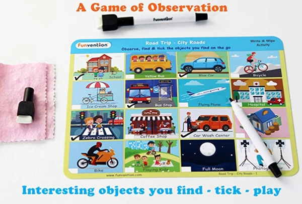Funvention | for Little Scientist in Every Kid Educational Game Road Trip: Write and Wipe Activity Sheets -Observational Educational Game on The go - Yes, No, Plastic Flash Sheets, 27 x 19 x 4 cm, Funvention, 250 grams, Shipping Charges will be added during checkout. Order will be shipped within 2-4 working days. Delivery time may vary due to COVID-19 , rainy season and delivery location. TrackingID will be provided to check the real time status of delivery. For any further queries related to order, Kind