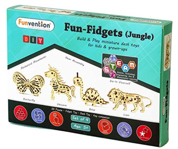 Funvention | for Little Scientist in Every Kid Fun Fidgets Jungle DIY Miniature Lion; Unicorn; Dino and Butterfly Mechanical Models STEM Learning 3D Puzzle Kit -Set of 4 - Multi, Yes, No, Engineered MDF Wood, 19 x 4 x 27 cm, Funvention, 350 grams, Shipping Charges will be added during checkout. Order will be shipped within 2-4 working days. Delivery time may vary due to COVID-19 , rainy season and delivery location. TrackingID will be provided to check the real time status of delivery. For any further qu