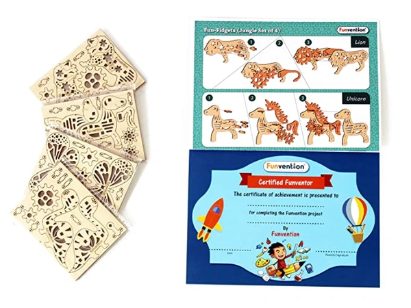 Funvention | for Little Scientist in Every Kid Fun Fidgets Jungle DIY Miniature Lion; Unicorn; Dino and Butterfly Mechanical Models STEM Learning 3D Puzzle Kit -Set of 4 - Multi, Yes, No, Engineered MDF Wood, 19 x 4 x 27 cm, Funvention, 350 grams, Shipping Charges will be added during checkout. Order will be shipped within 2-4 working days. Delivery time may vary due to COVID-19 , rainy season and delivery location. TrackingID will be provided to check the real time status of delivery. For any further qu