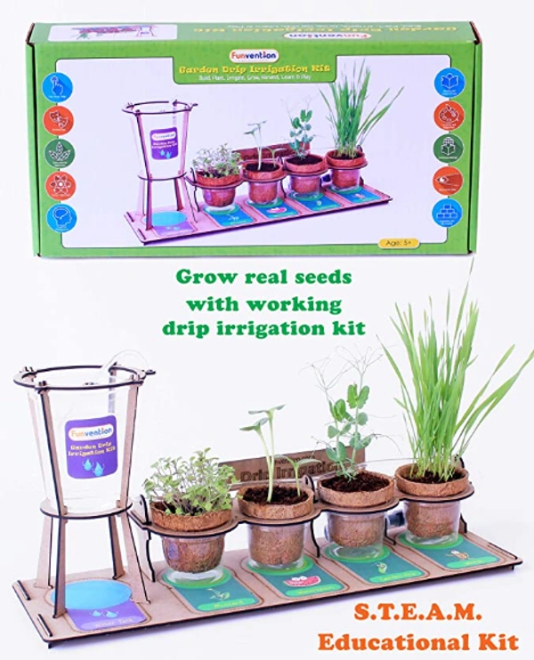 Funvention | Garden Drip Irrigation Kit DIY Science Educational Toy, STEM Learning Kit, Birthday Gifts - Multi, Yes, No, High Quality Engineered Wood, Paper, Coir Pot, Seeds & Soil Coin, 40 x 15 x 20 cm, Funvention, 800 grams, Shipping Charges will be added during checkout. Order will be shipped within 2-4 working days. Delivery time may vary due to COVID-19 , rainy season and delivery location. TrackingID will be provided to check the real time status of delivery. For any further queries related to orde