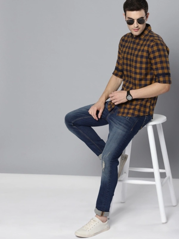 Men's Slim Fit Checked Slim Collar Casual Shirt - Mustard, M