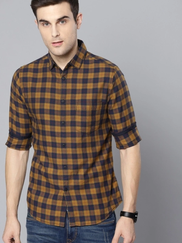 Men's Slim Fit Checked Slim Collar Casual Shirt - Mustard, M