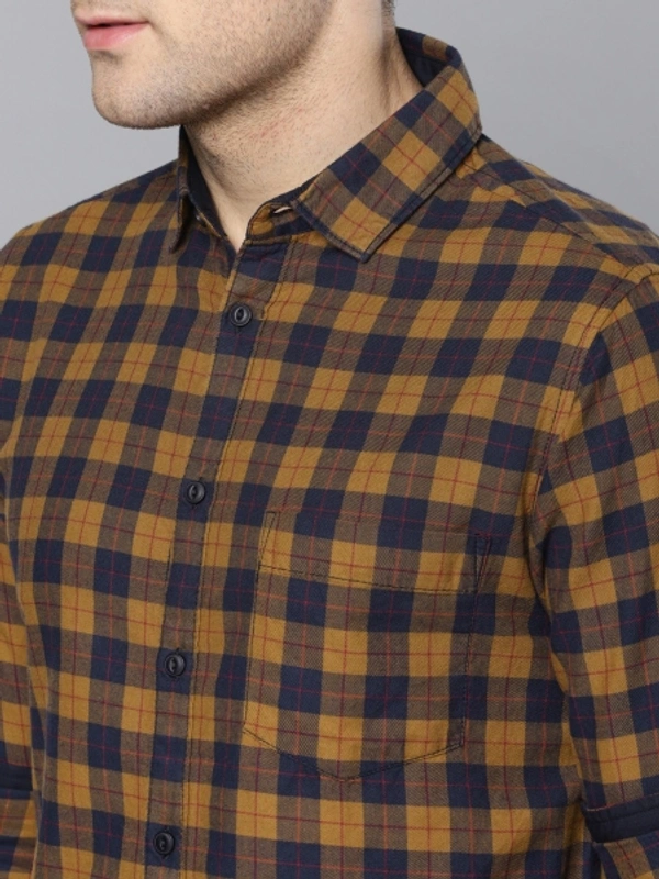Men's Slim Fit Checked Slim Collar Casual Shirt - Mustard, M