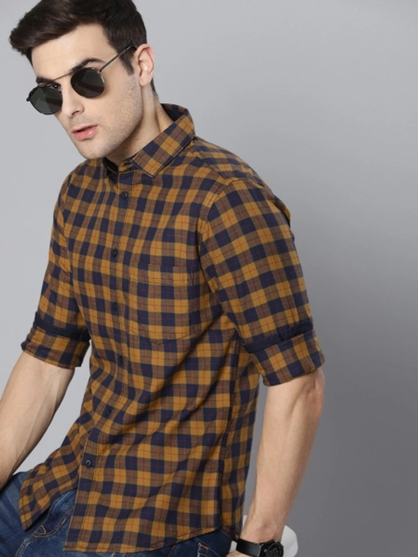 Men's Slim Fit Checked Slim Collar Casual Shirt - Mustard, M
