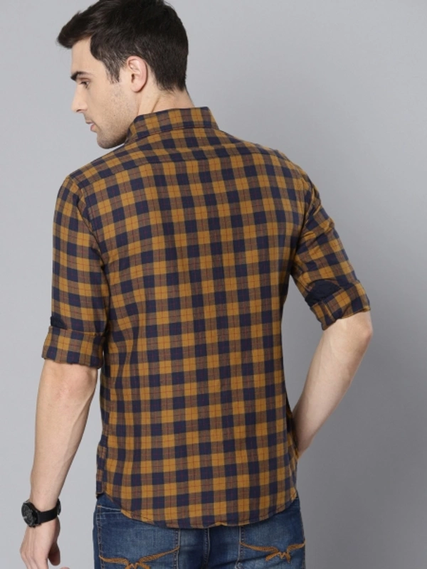 Men's Slim Fit Checked Slim Collar Casual Shirt - Mustard, M