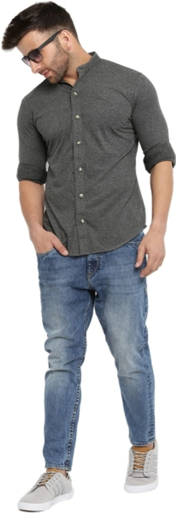 Men's Regular Fit Self Design Collar Casual Shirt - Dark Grey, XL