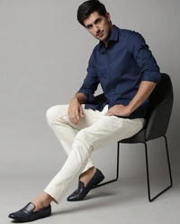 Men's Slim Fit Casual Formal  Shirt - Navy Blue, L