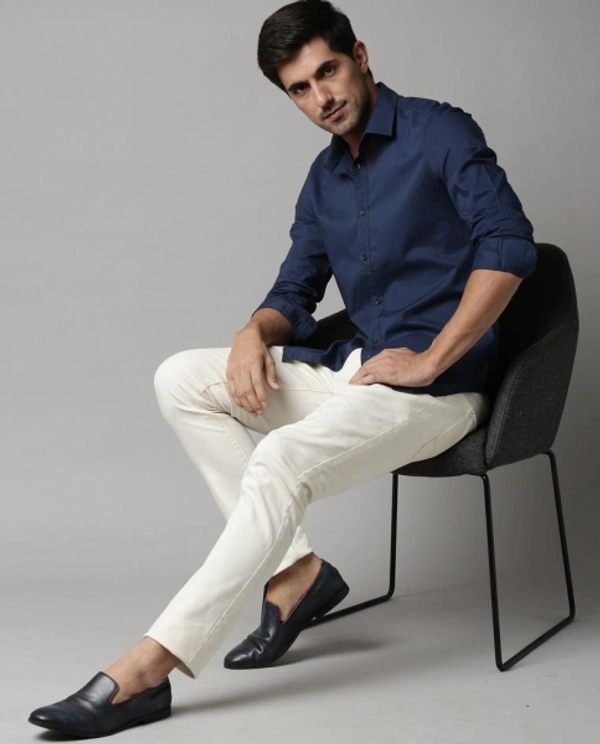 Men's Slim Fit Casual Formal  Shirt - Navy Blue, L