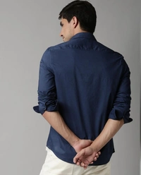 Men's Slim Fit Casual Formal  Shirt - Navy Blue, L