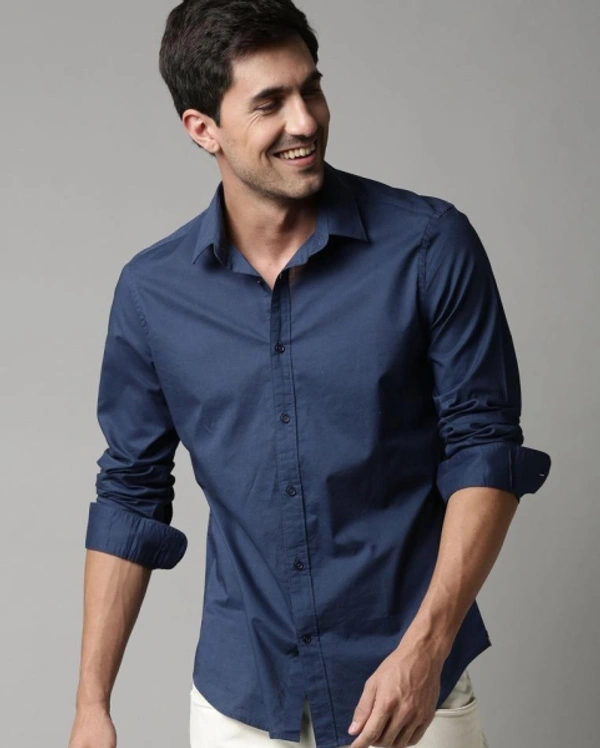 Men's Slim Fit Casual Formal  Shirt - Navy Blue, L
