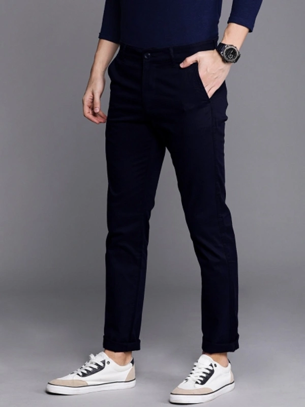 Slim Fit Men's Cotton Blend Trousers - Navy Blue, 34
