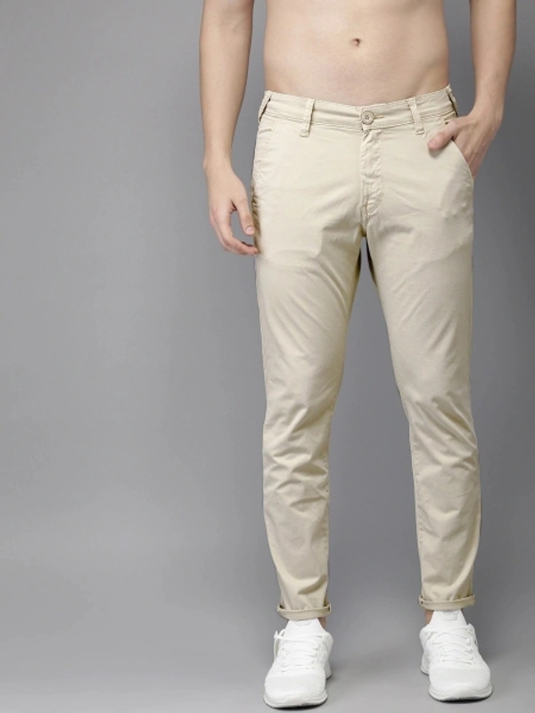 Slim Fit Men's Cotton Blend Trousers - Cream, 28