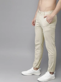 Slim Fit Men's Cotton Blend Trousers - Cream, 30