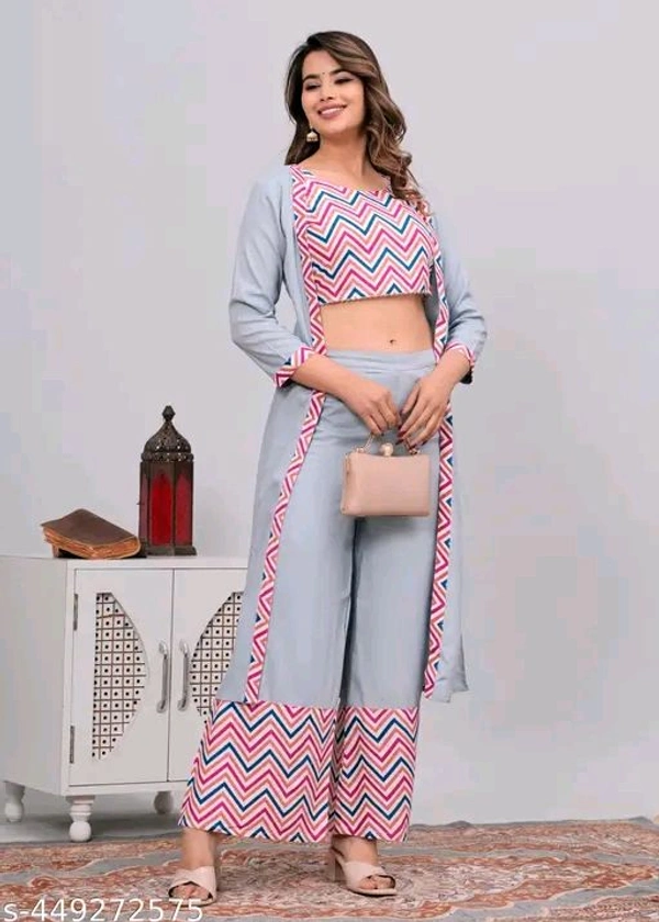 Rayon Women crop top with jacket and palazzo set
Name: Rayon Women crop top with jacket and palazzo set

Sleeve Length: Three-Quarter Sleeves
Sizes: 
XS (Bottom Waist Size: 24 in, Bottom Length S - XS