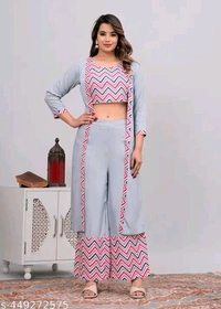 Rayon Women crop top with jacket and palazzo set
Name: Rayon Women crop top with jacket and palazzo set

Sleeve Length: Three-Quarter Sleeves
Sizes: 
XS (Bottom Waist Size: 24 in, Bottom Length S - XS