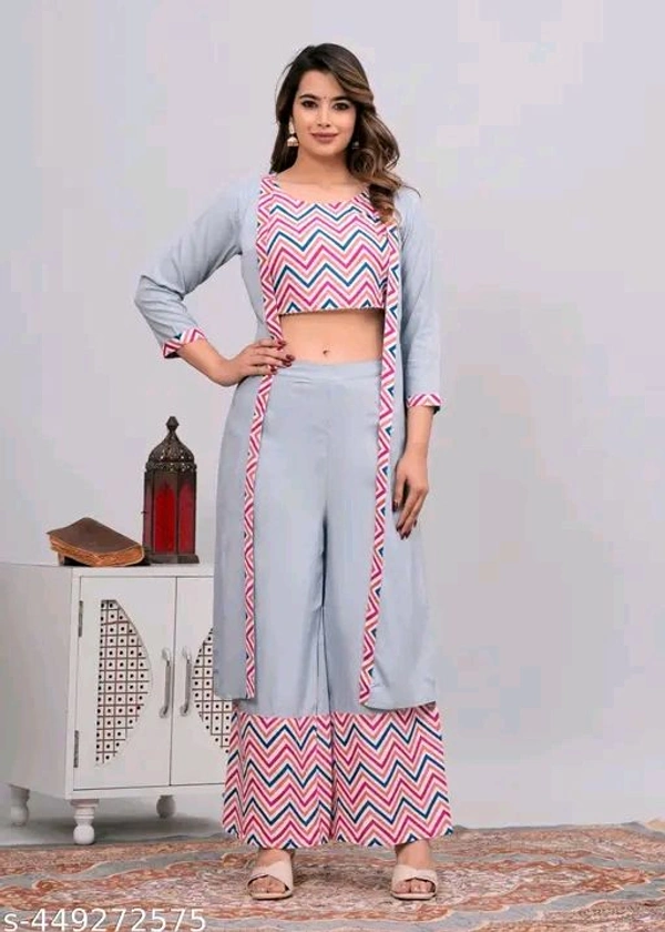 Rayon Women crop top with jacket and palazzo set
Name: Rayon Women crop top with jacket and palazzo set

Sleeve Length: Three-Quarter Sleeves
Sizes: 
XS (Bottom Waist Size: 24 in, Bottom Length S - XS