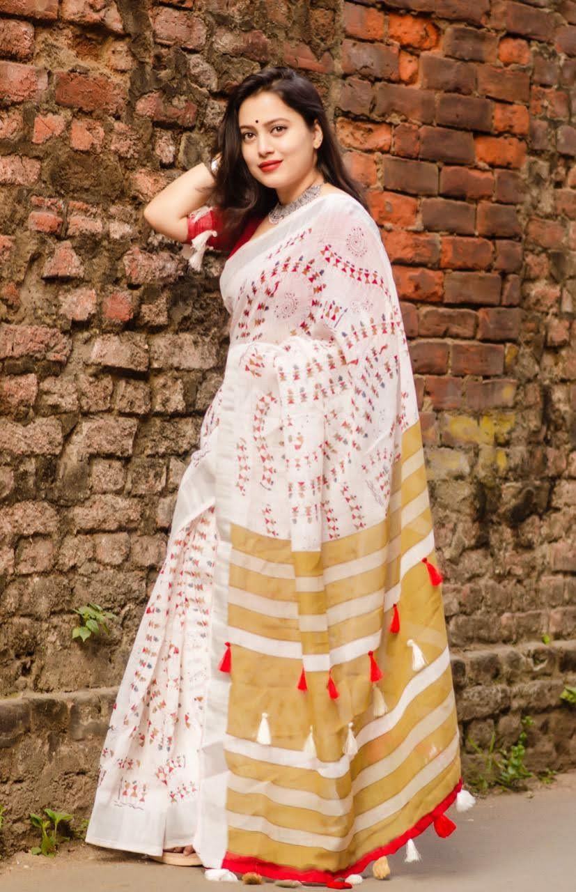 Grey Handwoven Tissue Linen Saree With Contrast Border - Loomfolks