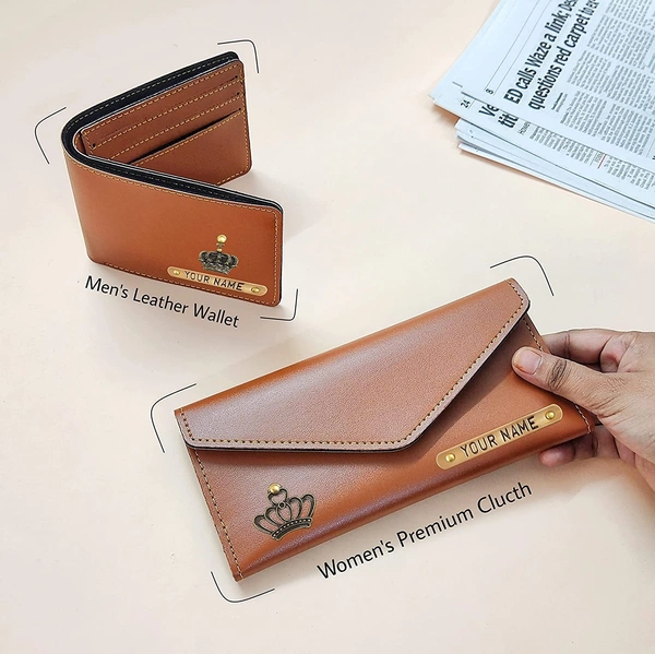 Couple Combo Set of Women Clutch and men Wallet  - tan