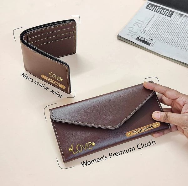 Couple Combo Set of Women Clutch and men Wallet  - brown