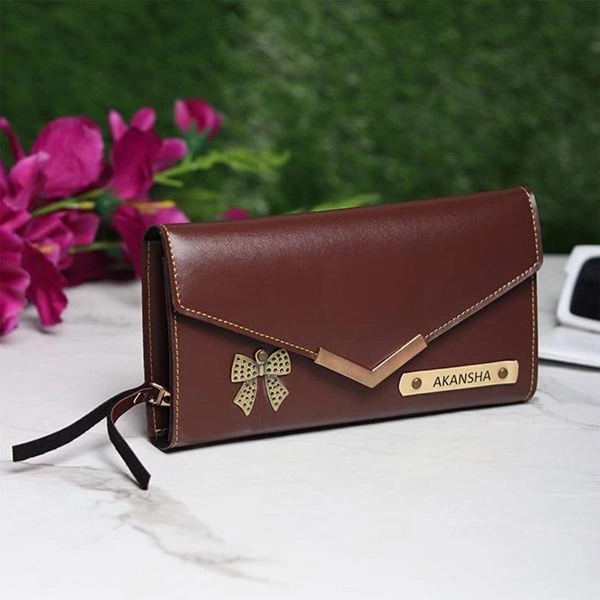 Personalized Ladies Clutch With Charm - Brown