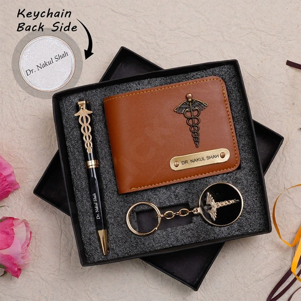 Personalized Wallet Pen & Key Chain Set For Doctors - Tan