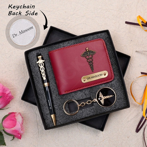 Personalized Wallet Pen & Key Chain Set For Doctors - Tan